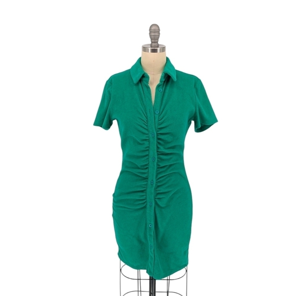 White Fox Terrycoth Button Front Shirtdress Green S retro casual beach sexy